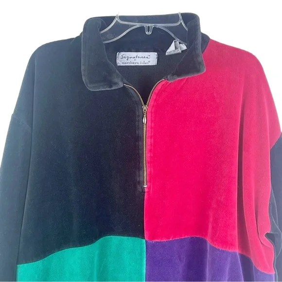 Vintage Retro 80's/90's Velvety Velour Color Block 3/4 Zip Pullover Sweatshirt - Picture 2 of 14